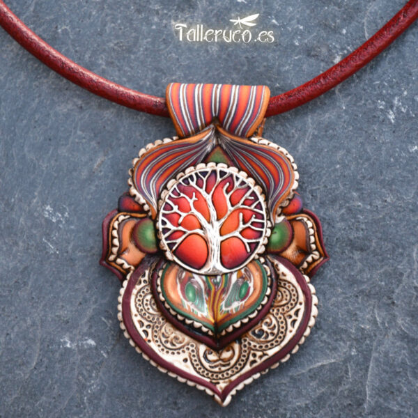 Collar colgante arcilla polimérica millefiori artesanía handmade hippie boho chic rojo naranja fuego árbol de la vida plata